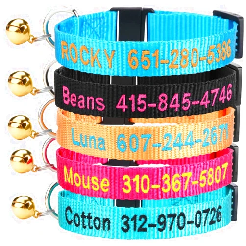 DayDay Patch Personalized Cat Collar with Bell,Custom Cat Collars with Name and Phone Number Adjustable Nylon Embroidered ID Collar for Cat with Breakaway Safety Release Buckle