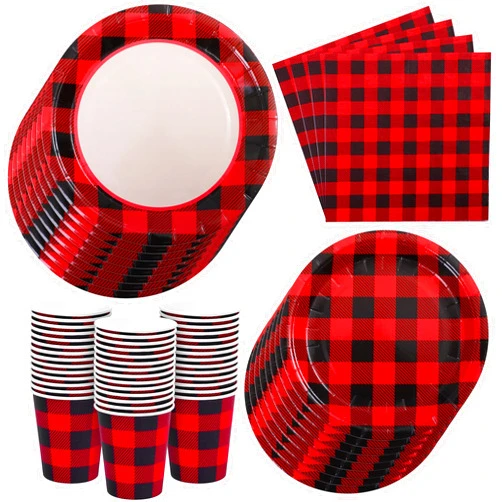 Aneco 200 Pieces Red and Black Buffalo Plaid Dinnerware for 50 Guests Disposable Buffalo Check Paper Plates Cups and Napkins Tableware for Baby Shower Party Decorations