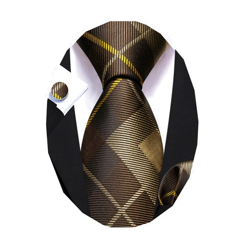 Barry.Wang Stripe Men Ties Set Silk Woven Plaid Necktie Pocket Square Cufflinks Business Wedding
