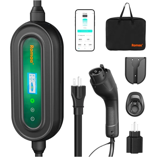 Romaa Level 1 EV Charger, 16A 110-240V 25FT Cable J1772 Charger, Portable Electric Vehicle Charging Equipment with NEMA 6-20 Plug, Adjustable Current, Delay Timer, App Control, FCC ETL Certified