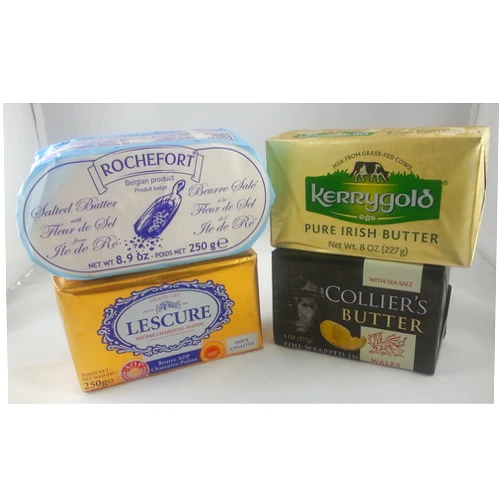 CheeseDelicatessen European Butter Set. (4 butters). Kerrygold Irish (8 oz), Rochefort Belgian (8.9 oz), Lescure French (8.9 oz), Collier's Wales (8 oz)