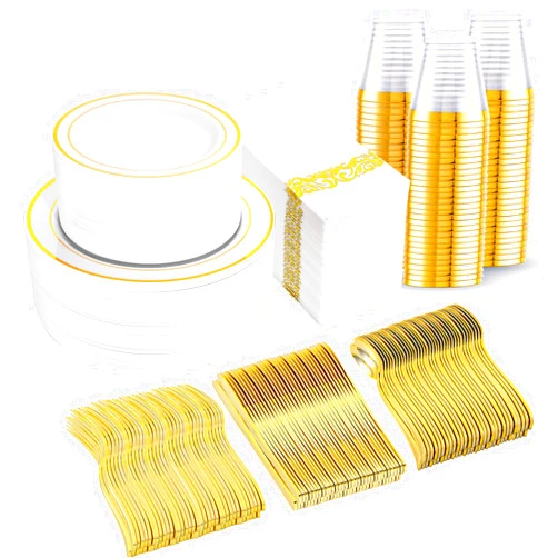 I00000 350 Pcs Gold Dinnerware Set, Plastic Plates Disposable for 50 Guests Include:50 Gold Rim Dinner Plates, 50 Gold Dessert Plates, 50 Paper Napkins, 50 Cups, 50 Gold Silverware Set Perfect for Party