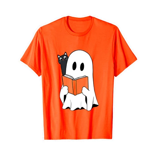 Funny Book Enthusiast Bookworm Story Lovers Funny Ghost Book Lover Curious Black Cat Halloween Costume T-Shirt
