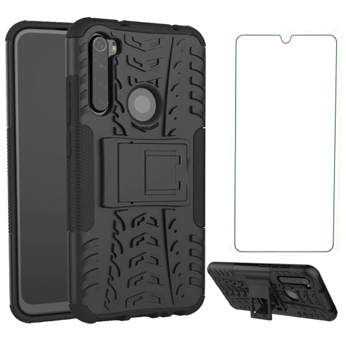 Asuwish Phone Case for Xiaomi Redmi Note 8 with Tempered Glass Screen Protector Cover Flim and Stand Kickstand Slim Hard Rugged Hybrid Cell Accessories Xiami Xiomis Xiome Redme Note8 Notes 8s Cases Men Black