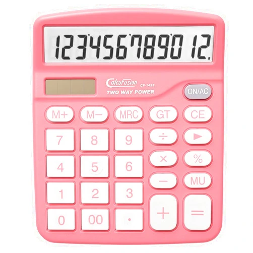 Calcufusion Calculator, 12 Digits Pink Desktop Calculators Large Display LCD&Big Button Dual Solar and Battery Powered Standard Functions Basic Calculator for School Office CF-1453