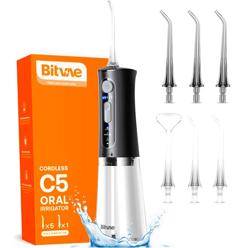 Bitvae C5 Water Dental Flosser for Teeth, Cordless Water Teeth Cleaner Picks, 3 Modes 5 Intensities, IPX7 Waterproof Water Flosser, 6 Tips Rechargeable Water Dental Picks for Cleaning - Black