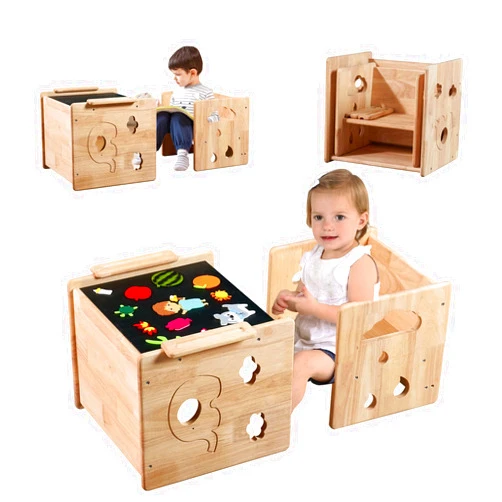 MOOZHEALTH Montessori Weaning Table and Chair Set,Wooden Toddler Desk with Blackboard,2-in-1 Activity Table for Dining,Drawing,Reading,Crafts,Montessori Furniture Birthday Gift for Boys and Girls
