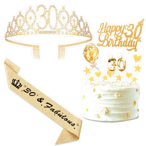 HiStock 30th Birthday Decorations for Women, 30 Fabulous Gold Birthday Sash Crown Candles Cake Toppers Birthday Party Favor for Mom Daughter Girlfriend