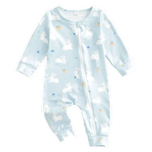Thilsidee Newborn Baby Boy Girl Easter Rabbit Jumpsuit Long Sleeve Oblique Zipper Romper Bunny One Piece Overall Outfit