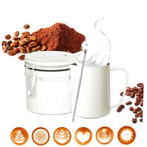 AIANDE Coffee Canister Airtight Medium and Frother Pitcher Set White, Coffee Container Set with Scoop Latte Pen Milk Frother Pitcher, Stainless Steel Food Storage Container for Coffee Bean