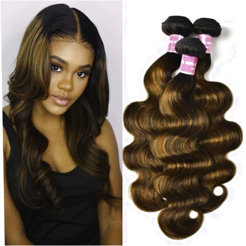 KLAIYI Ombre Brown Highlight Body Wave Human Hair Extensions 3 Bundles of 16 18 20Inch Balayage Honey Blonde Virgin Hair Weaves for Women Double Wefts Wavy Remy Hair with Dark Roots Sew In Piano Color