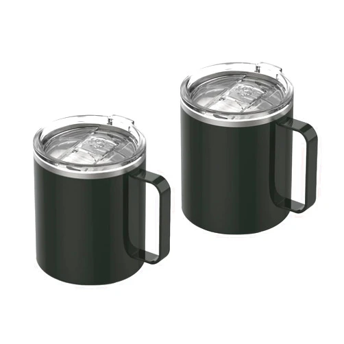 GoodBrew Camp Mug - Stainless Steel Insulated Mug with Strainer Lid | Double Wall | Comfortable Grip Handle | Perfect for Commuting, Camping or Traveling (12oz, 2 Pack) (Long Black)