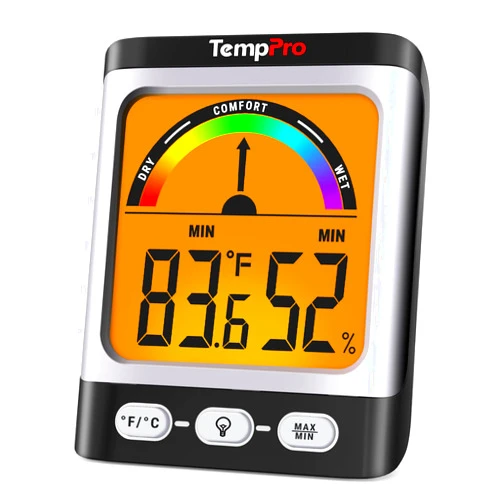 TempPro A52 Hygrometer Indoor Thermometer for Home with Comfort Level Indication Humidity Meter, Large Backlit Display Humidity Sensor with Max/Min Record for Greenhouse Basement Black