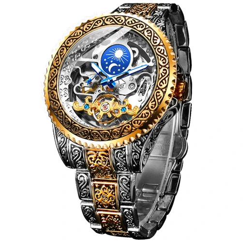 FORSINING Retro Watch for Men Carved Self-Wind Mechanical Tattoo Tourbillon Moon Phase Independent Seconds Skeleton Automatic Big Dial Wrist Watches