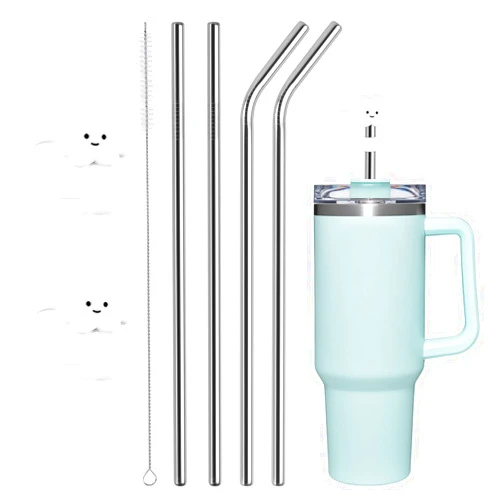 AUAUY 4 PCS Stainless Steel Replacement Straws for Stanley 40oz Cup, Reusable Straws Compatible with Stanley Adventure Quencher Travel Tumbler, Durable Cup Straws with Cleaning Brush & Straw Covers