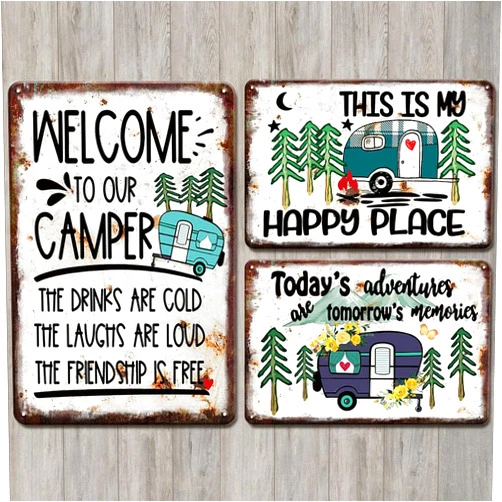 YOYI ART 3pcs Camping Signs Decor for Camper - Vintage Metal Tin Signs, Rustic Camper Decor for Inside, Outside and RV Wall Decorations Art, 8 x 12 inch