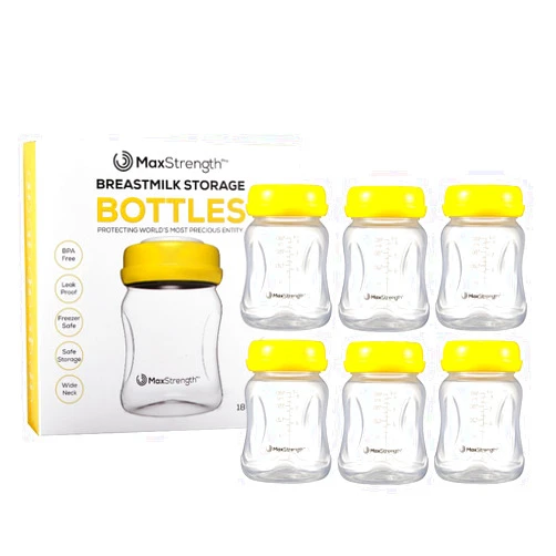 Max Strength Pro Breastmilk Bottles 6pc Set with Leak Proof Lids, 6.oz 180ml Reusable Wide Neck Bottles Best for Breast Milk Collection & Storage Solution, BPA Free, Fits Spectra & Avent Models