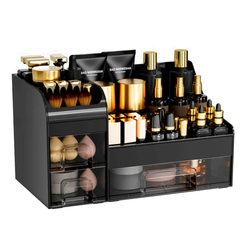 Mriluvy Makeup Organizer with Drawers,Large Cosmetic Storage Box,Countertop Skincare Organizer,ABS Makeup Brush Holder for Bathroom,Desk,Dresser,Multifunctional Beauty Display Case,Black transparent