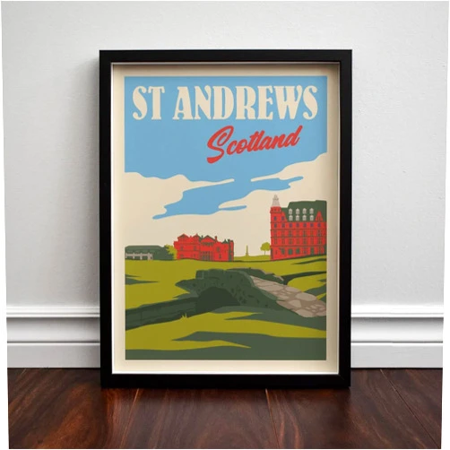 Nationcog Old Course At St Andrews Golf Poster, Unframed, Scotland Golf Minimalist Travel Poster - Retro Art, Giclee, Matte Print Office Decor (12x18)