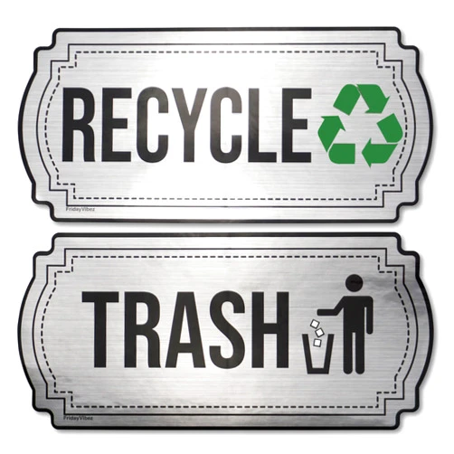 FridayVibez Recycle and Trash Stickers for Kitchen Trash Cans and Recycling Bins, Indoor Trash and Recycle Sticker Combo for Garbage Can Logo Symbol, 2 Silver Decals, 6.5