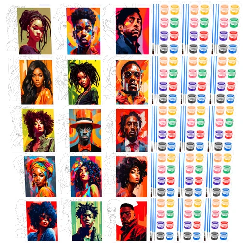 Sherr 15 Pack Canvas Painting Pre Drawn Stretched Set Afro Queen Cotton Canvas 8 x 10 Inch with 15 Pcs Acrylic Paint Strips and 45 Paintbrushes for Black Art Sip Party Supplies DIY (Delicate Style)