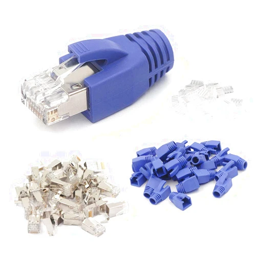 VCE RJ45 Connectors CAT7/CAT6A 30-Pack, Non-Pass-Thru Shielded Modular Plugs for Thick Cable, 3-Prong 50u Gold Plated Ethernet Ends with Strain Relief Boots - Blue