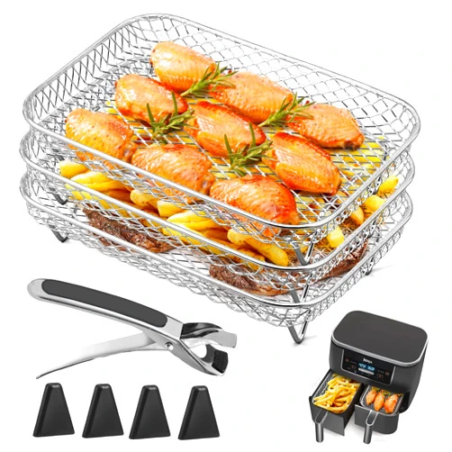 Kannino Air Fryer Rack for Ninja Dual Air Fryer Kannino 3pcs Layered Dehydrator Racks Stainless Steel Grilling Rack Rectangle Air Fryer Basket Tray with Clip and Heighten Feet Pad for Double Basket Air Fryers