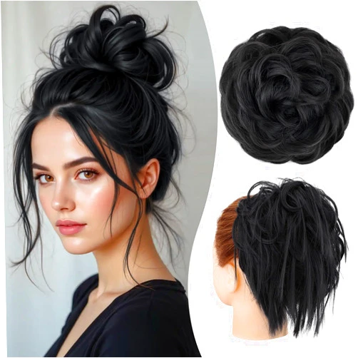 AISI BEAUTY 2PCS Messy Bun Hair Pieces Tousled Updo Hair Buns Extensions Wavy Curly Scrunchies Synthetic Chignon Hairpieces for Women (Black)