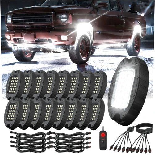 TDE Explorer.Lighting 16 Pods Alloy Pure White LED Rock Lights for Trucks Trailer Offroad Pickup Boats Fender, IP68 Waterproof Shockproof 6500K 24LEDs Super Bright Aluminum White Underglow Kit with Switch Wiring Harness