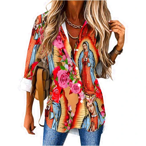 ShuDianhkqwe Virgen De Guadalupe Virgin Mary Flowers Women's Shirt Cropped Tshirt V-Neck Shirt Button Down Blouses Tops