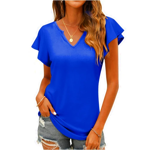 VIVIfashion Women's Summer Casual Tops Ruffle Sleeve Blouse V Neck Solid Cute Tunic Shirt
