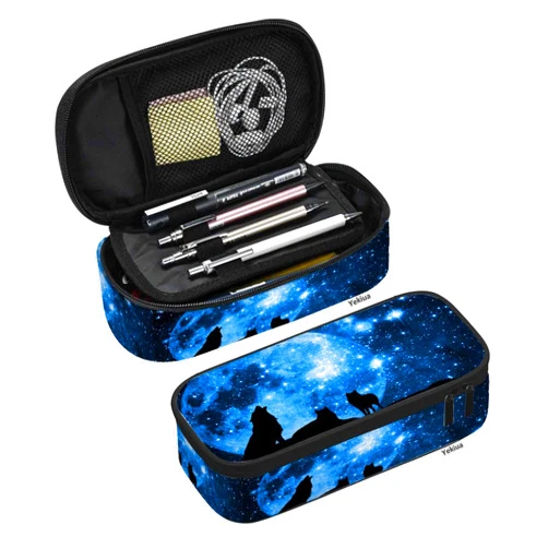 Yekiua Wolf Pen Bag Mountain Wolves Full Moon Starry Sky Large Pencil Case Big Capacity Pencil Pouch Pencil Holder