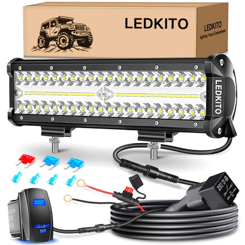 LEDKITO 12 inch LED Light Bar Kit with 5 Pin Rocker Switch 16AWG Wiring Harness Triple Row Flood Spot Combo Off Road Driving Fog Lights LED Bar Work Lights for Je-ep Trucks UTV ATV Tractor Golf Cart
