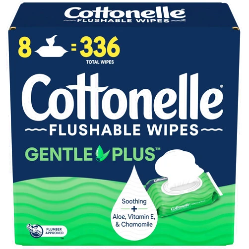 Cottonelle GentlePlus Flushable Wet Wipes with Aloe & Vitamin E, 8 Flip-Top Packs, 42 Wipes Per Pack (336 Total Wipes), Packaging May Vary