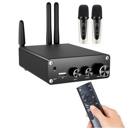KIMIUP AC01M Hi-Fi Mini Stereo Audio Power Amplifier with Karaoke,TPA3116 Dual Channel,100W x 2,Bluetooth 5.3,24V 5A Power Supply,Remote,and Microphones (Amplifier + Remote + Power + Microphone x2)