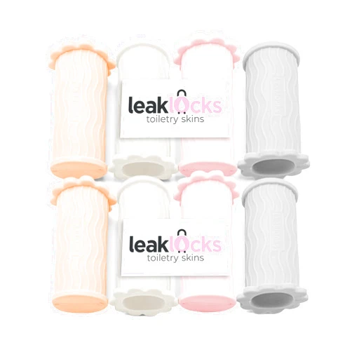 Rinseroo LeakLocks® Toiletry Skins™ Elastic Sleeve for Leak Proofing Travel Container in Luggage. For Standard and Travel Sized Toiletries. Reusable Accessory for Travel Bag Suitcase and Carry-on Luggage