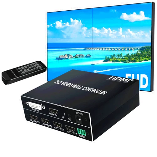 RIJER 2x2 HDMI Video Wall Controller, HDMI & DVI Support 4K Input TV Wall Controller,1080P Output TV Wall Processor, IR Remote & RS232 Control,180 Degree Rotate 1x2,1x3,1x4,2x2,2x1,3x1x4x1 Video Wall