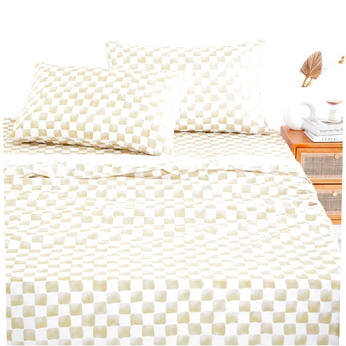Wake In Cloud - Gingham Sheet Set, 4-Piece Sheet Set, Checkered Grid Plaid Checkerboard Geometric Preppy Hand Drawn Pattern Printed Bedding, Deep Pocket, Beige White, Twin Size