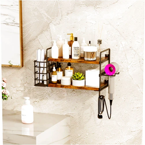 Homeiju 3-in-1 Wall Mounted Hair Dryer Holder with 2 Tier Shelves & Detachable Basket, Space Saving Organizer for Bathroom, Kitchen, Bedroom, Rust-Resistant, Easy Install