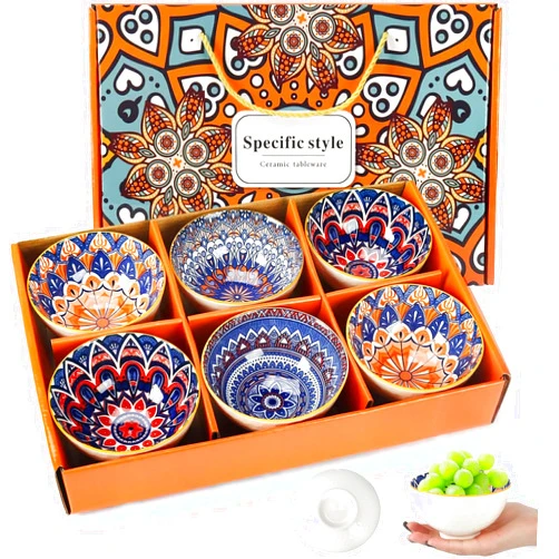 YIK TUNG Ceramic Rice Bowls Gift Set of 6,10oz Bohemian Style Small Dessert Soup, Cereal,Ice Cream & Snacks Bowls for Kitchen, Dining and Unique Gifts,Microwave & Dishwasher Safe