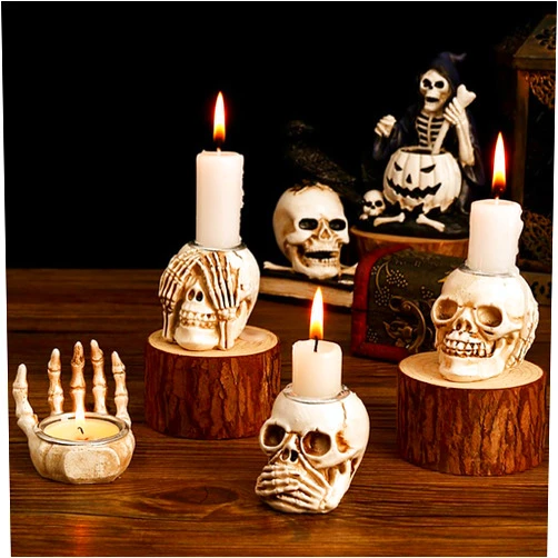 Whaline 4Pcs Halloween Candle Holder Gothic Skeleton Palm Skull Decor Mini Candlestick Holder Resin Tealight Holder for Home Tabletop Spooky Theme Party Decor Supplies