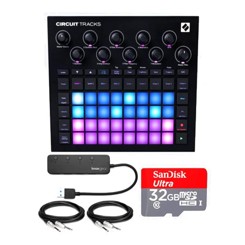Novation Circuit Tracks Groovebox Bundle with 4-Port USB 3.0 Hub, 32GB microSD Card, and 1/4-Inch TRS Cables (2-Pack) (5 Items)