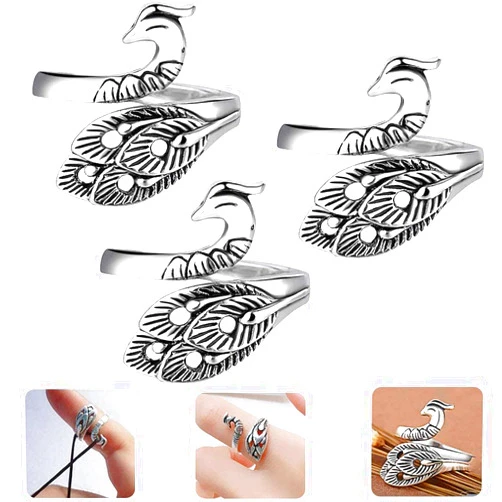 MISEDI 3PCS Adjustable Knitting Loop Crochet Loop Ring Knitting Accessories, Peacock Open Finger Ring, Adjustable Braided Ring, Yarn Guide Finger Holder, Lovely Peacock Rings for Faster Knitting