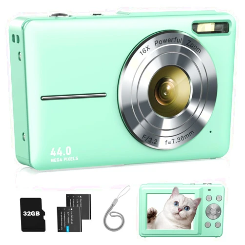 Lecran Digital Camera, FHD 1080P Kids Camera with 32GB Card, 2 Batteries, Lanyard, 44MP 16X Zoom Anti Shake, Compact Portable Point Shoot Camera for Kids Teens Students Children Girls Boys(Light Green)