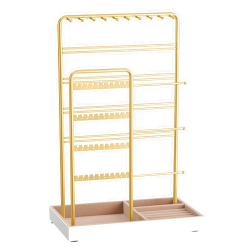 SONGMICS Jewelry Holder, Jewelry Organizer, Jewelry Display Stand with Metal Frame, Velvet Tray, Necklace Earring Bracelet Holder, for Studs, Rings, Gift for Mom, Pale Gold UJJS028A01