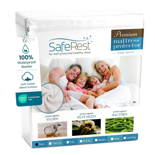 SafeRest Waterproof Twin Size Mattress Protector - Fitted with Stretchable Pockets - Machine Washable Cotton Blend Mattress Cover for Bed