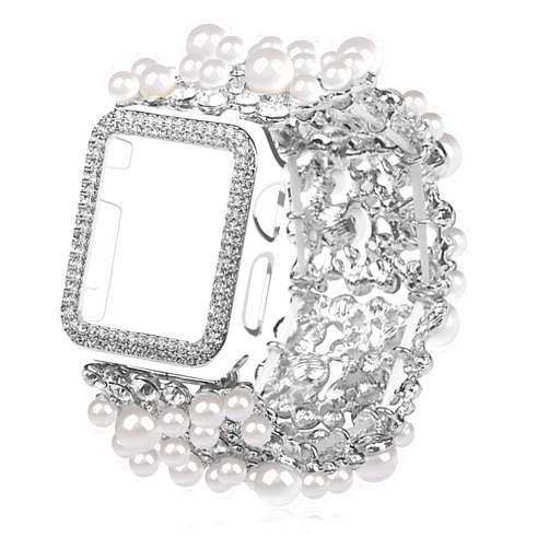 VIIVY VIYIV Bling Band with Case Compatible with Apple Watch Bands Series 9 8 7 SE 45mm 44mm 40mm 38mm 41mm 42mm for Women, Smart Watch Bracelet Straps with Starlight Cover, Pearl Dressy Cute Elastic Diamond Wristband for iWatch bands 6 5 4 3 2
