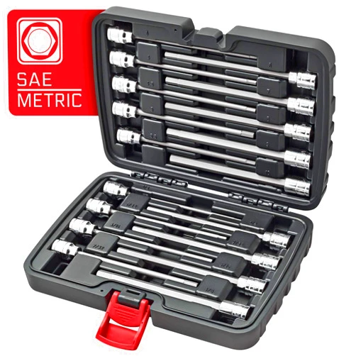 CARBYNE 18 Piece Extra Long Hex (Allen) Bit Socket Set | SAE & Metric, S2 Steel Bits, CrV Sockets, Corrosion Resistance, Durable Storage Case | 1/8''-3/8'' SAE / 3mm-10mm Metric, 3/8