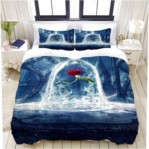 TMSSUNCI Bedding QueenFull Duvet Cover Set Fantasy Fairy Scenery Red Rose Flower in Glass Tower Beauty Magic Castle Girl and Beast Microfiber Polyester Duvet Bed Cover Set, QueenFull Size
