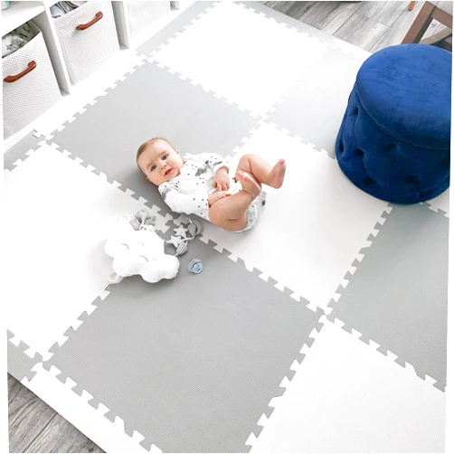 MyBlissBaby Baby Play Mat Tiles Extra Large Thick Non-Toxic Foam Floor Puzzle Mat Interlocking Activity Playmat for Infants Toddlers Kids Crawling Tummy Time 74x74 Inches (Grey/White)